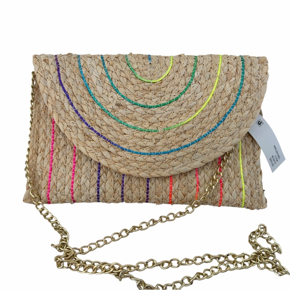 Sol and Mer Woven Straw Crossbody Clutch with Neon Stitching